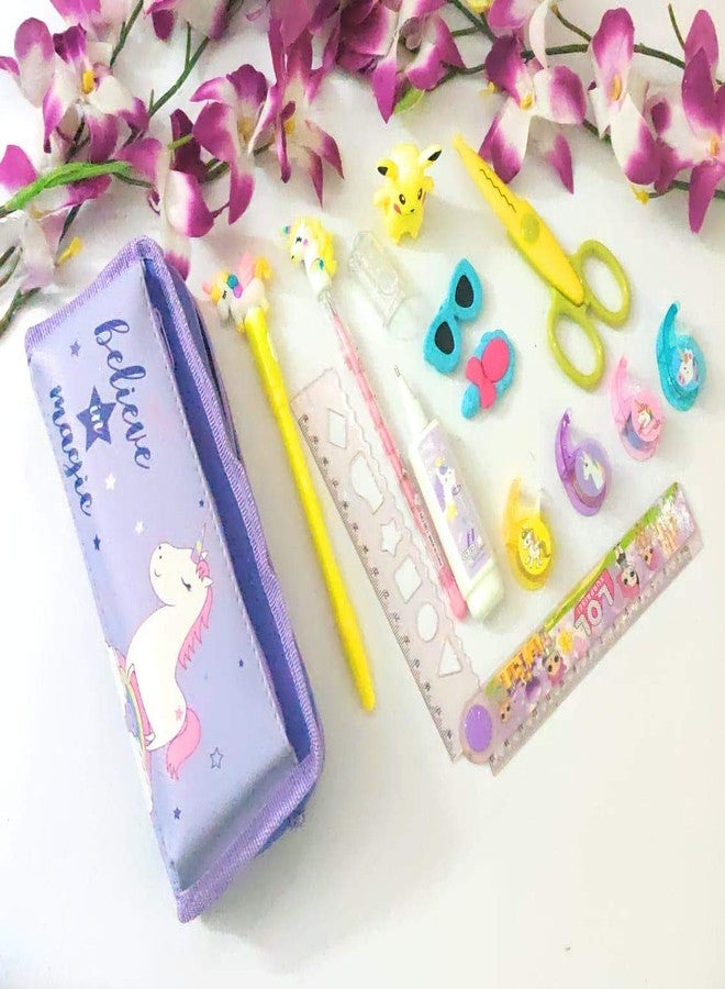 Tera13 TERA 13 (Pack of 8 Items) Unicorn Pencil Pouch Unicorn led Pencil Eraser Unicorn Whitener Sharpener Scissor Unicorn Tape - Image 1